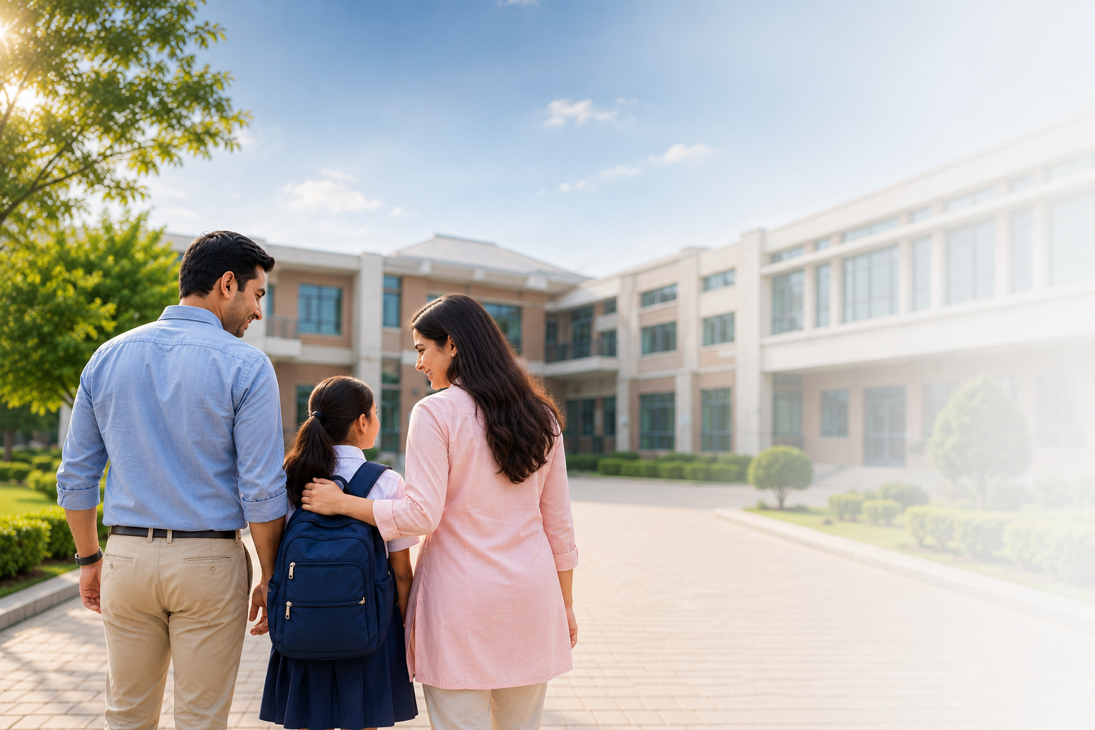 A parent walking their child into school